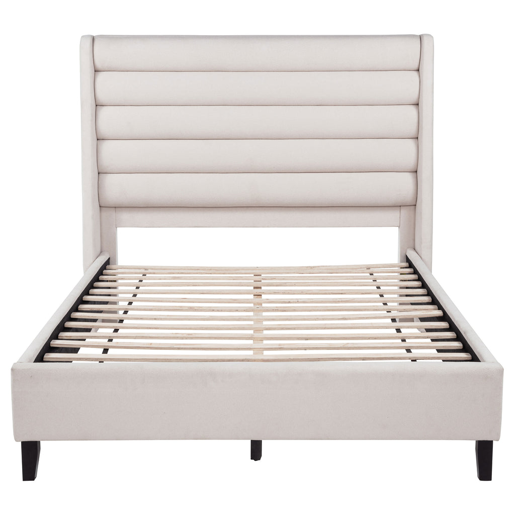 Leslie Upholstered Tufted Queen Wingback Platform Bed Beige