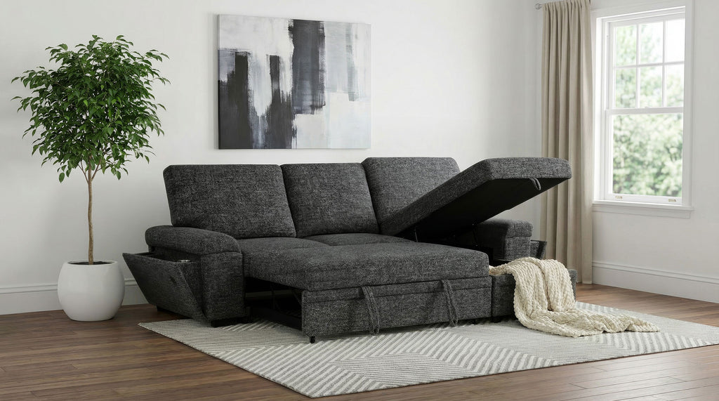Demko Sleeper Sectional Sofa with Speaker and Storage Chaise Granite