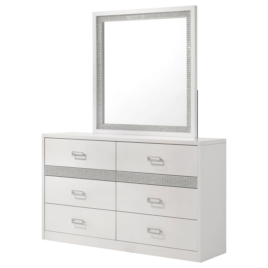 Viana 6-Drawer Bedroom Dresser with Beveled Mirror White High Gloss