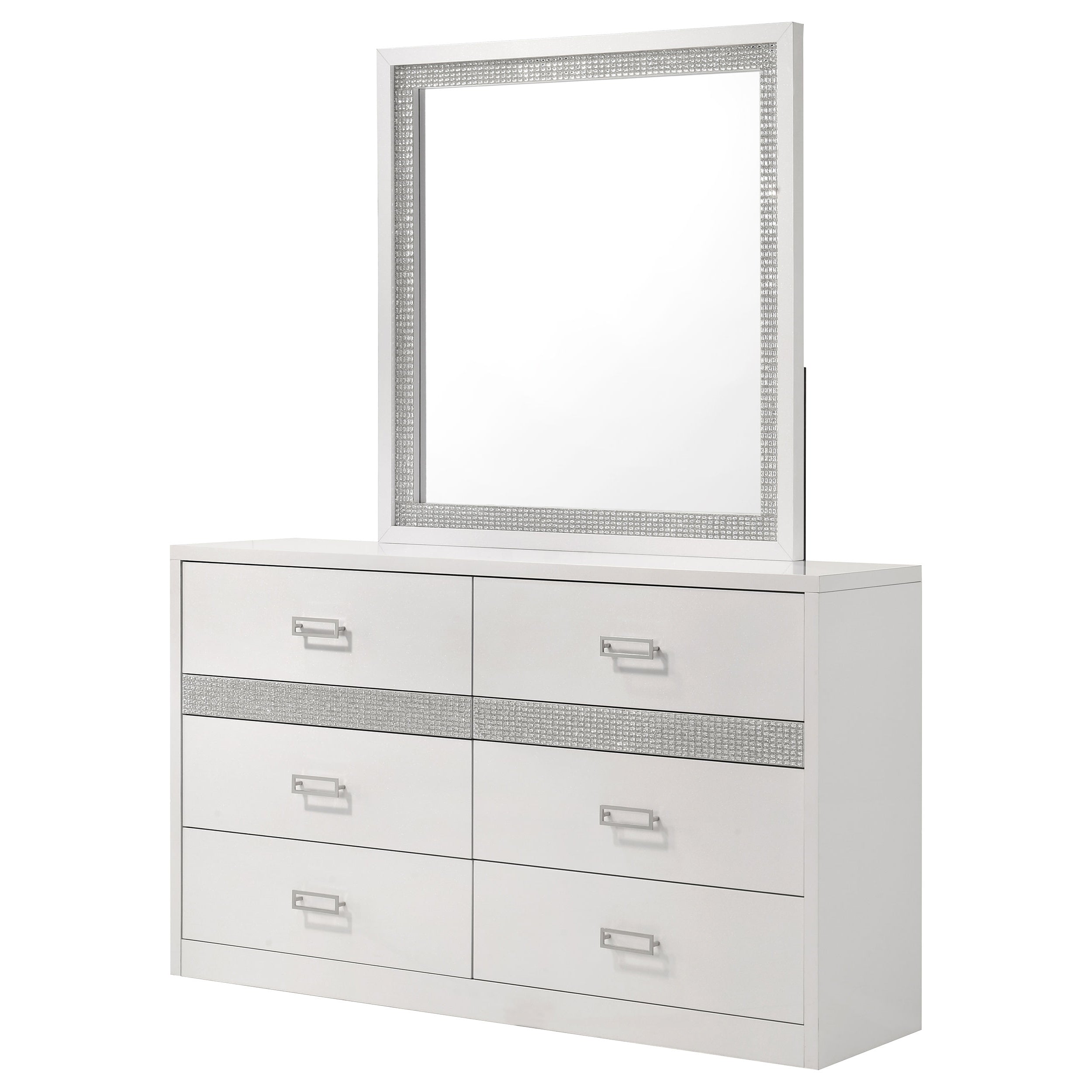 Viana 6-Drawer Bedroom Dresser with Beveled Mirror White High Gloss