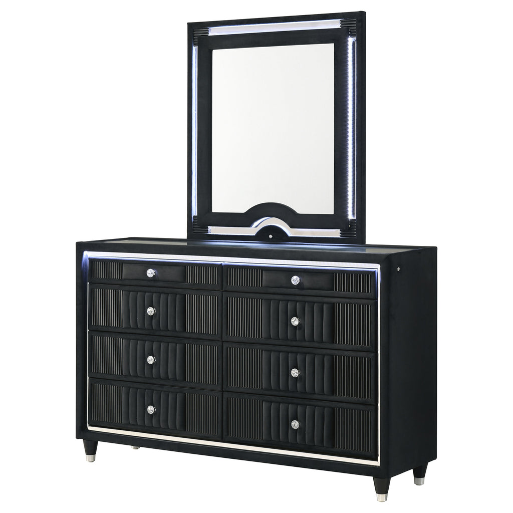 Ravenne 8-drawer Velvet Upholstered LED Dresser and Mirror Black