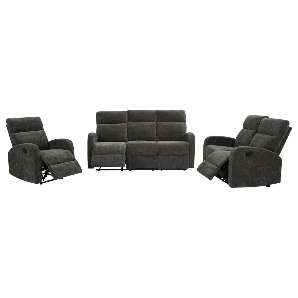 Hamilton 3-piece Chenille Manual Reclining Sofa Set Charcoal Grey