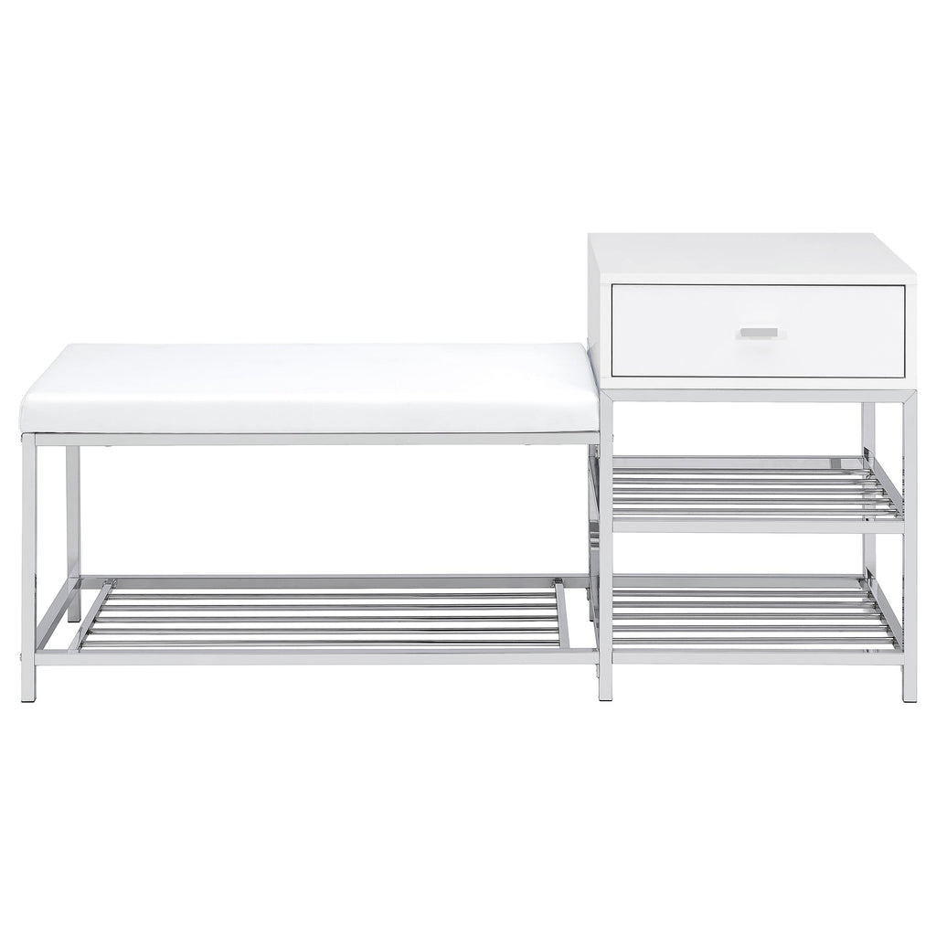 Siega 1-Drawer Shoe Storage Entryway Bench White High Gloss and Chrome