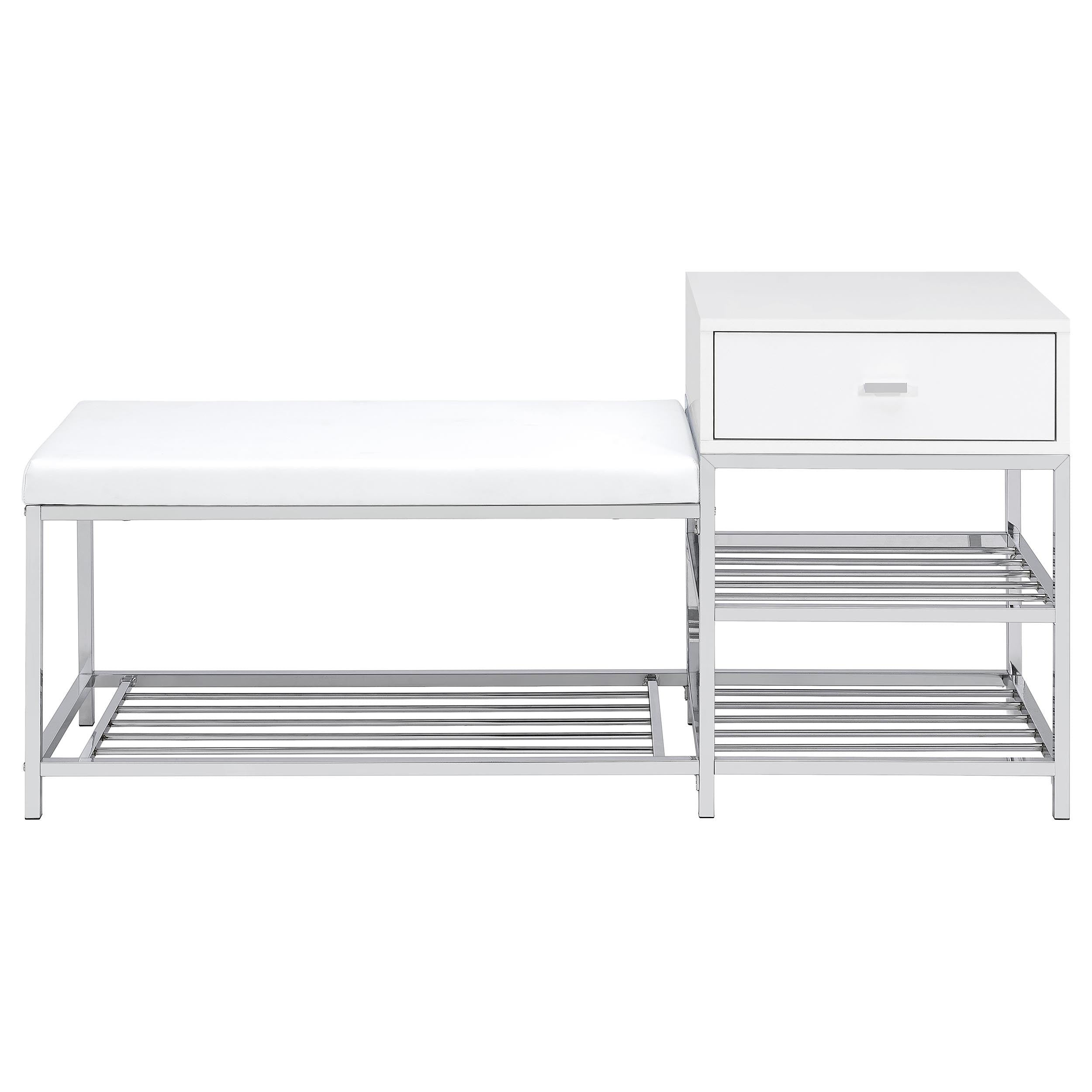 Siega 1-Drawer Shoe Storage Entryway Bench White High Gloss and Chrome