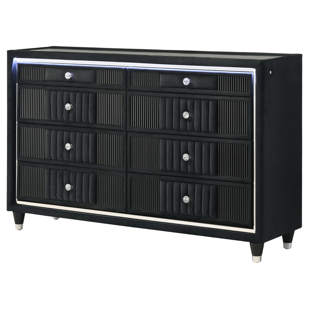 Ravenne 8-drawer Velvet Upholstered LED Dresser Cabinet Black