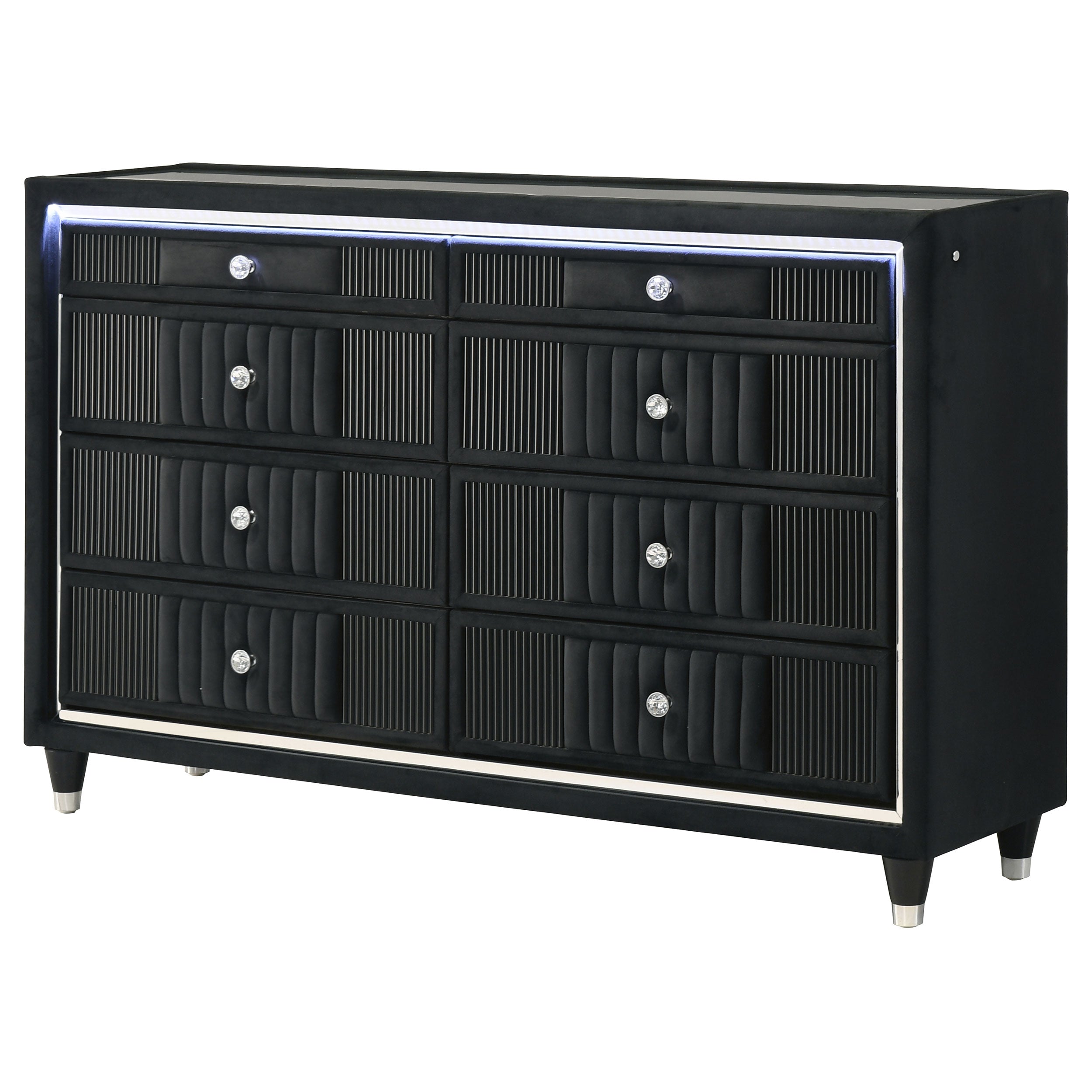 Ravenne 8-drawer Velvet Upholstered LED Dresser Cabinet Black