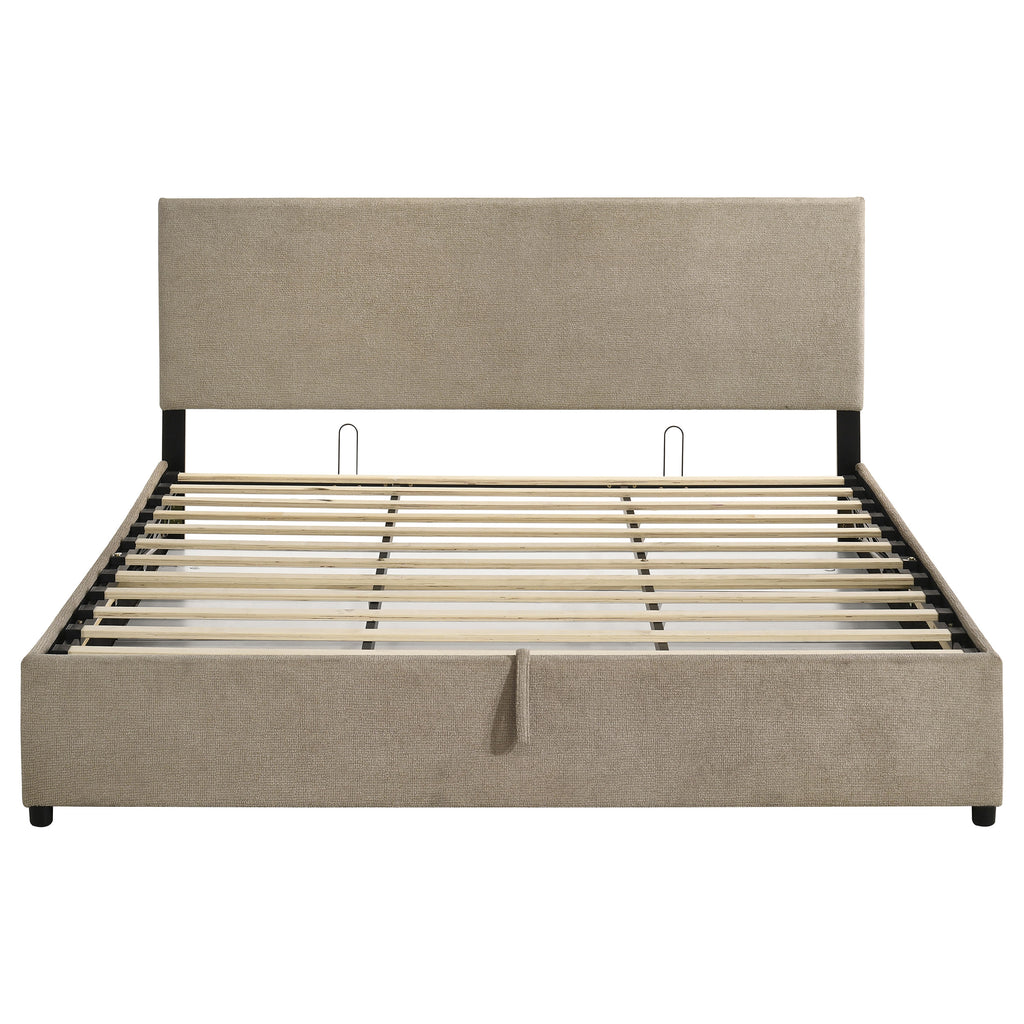 Reeves Upholstered Eastern King Lift-Top Storage Platform Bed Tan