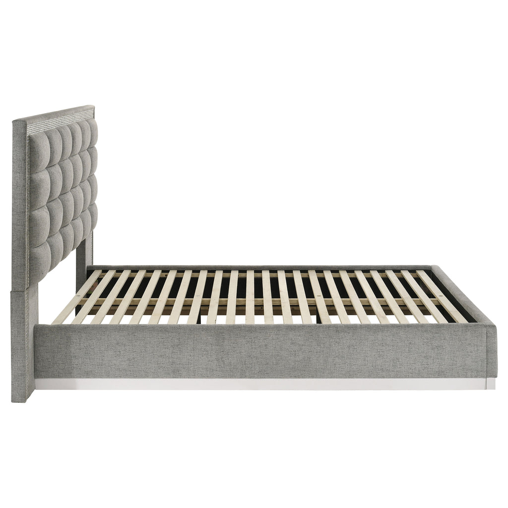 Viana Queen Chenille Platform Bed Grey and White High Gloss
