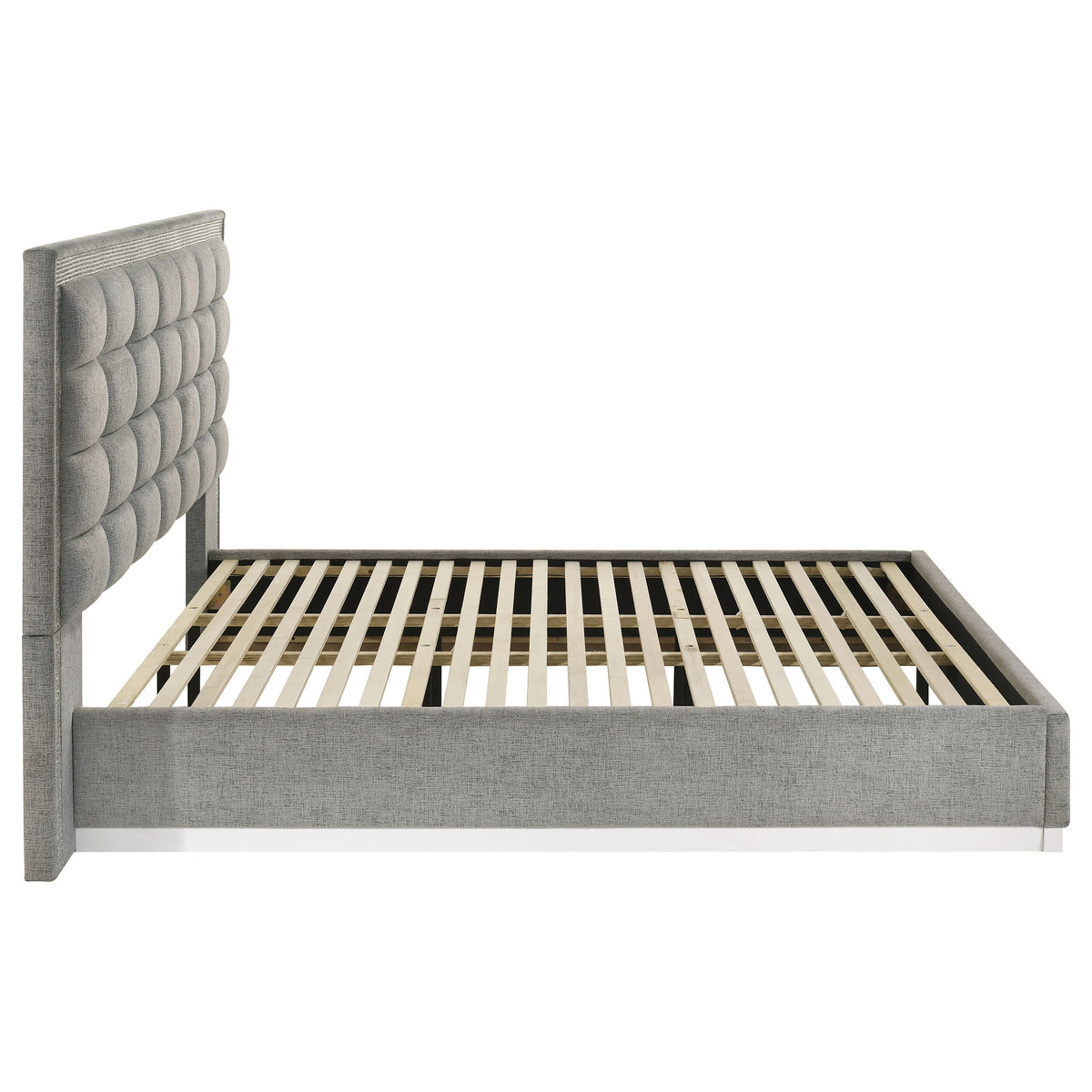 Viana Eastern King Chenille Platform Bed Grey and White High Gloss