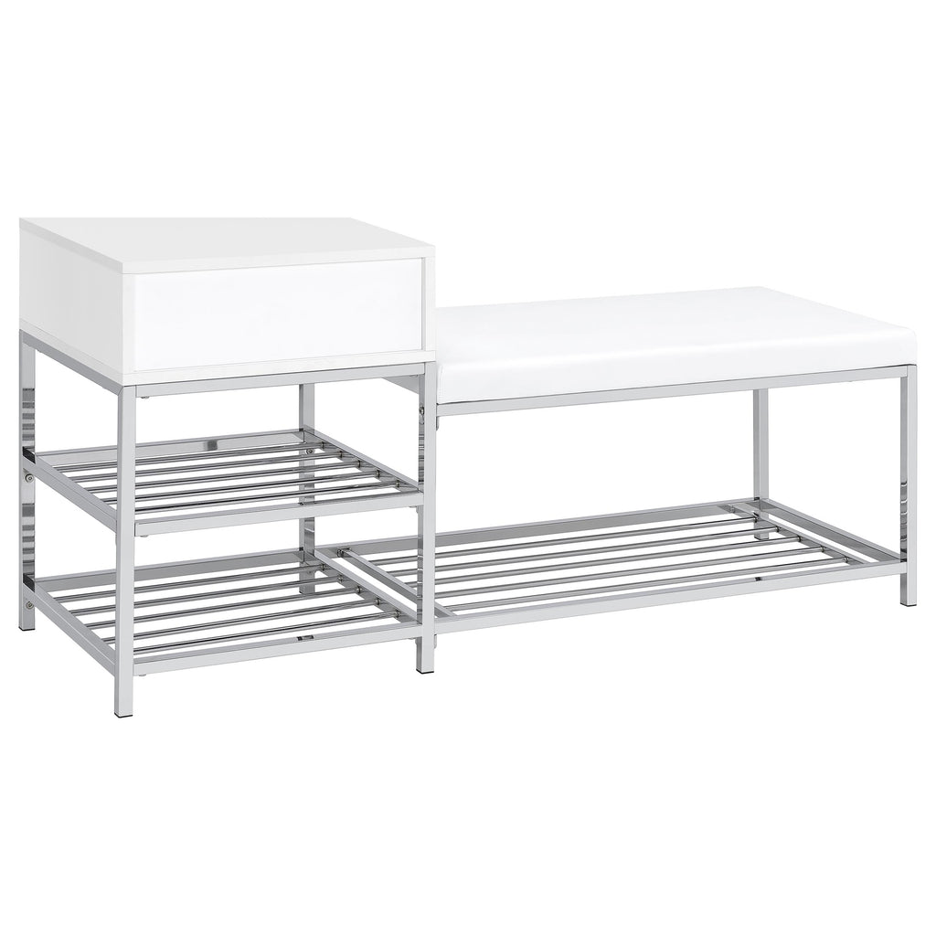 Siega 1-Drawer Shoe Storage Entryway Bench White High Gloss and Chrome