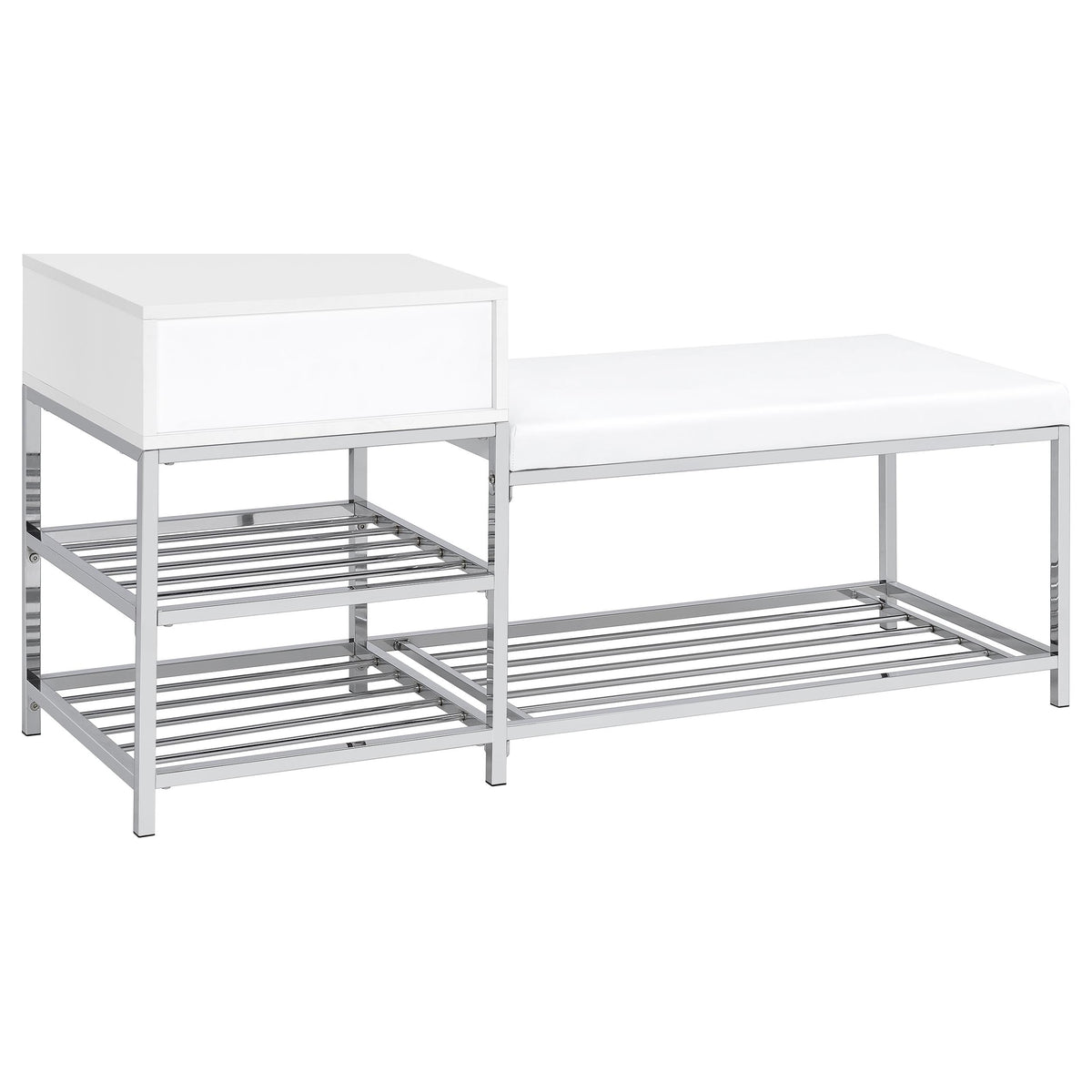 Siega 1-Drawer Shoe Storage Entryway Bench White High Gloss and Chrome