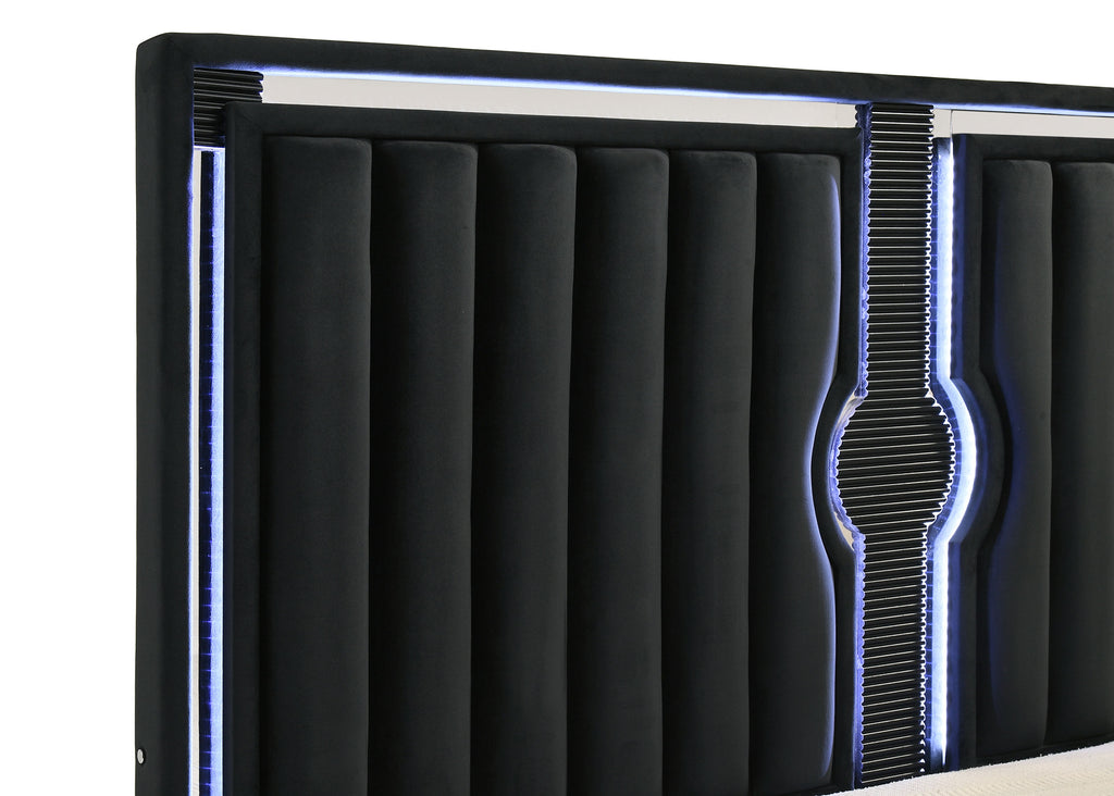 Ravenne Velvet Upholstered Queen LED Panel Bed Black