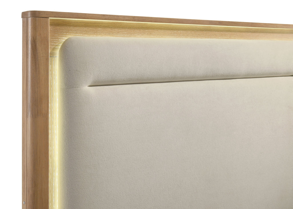 Leanne Eastern King LED Panel Bed Off White and Light Oak