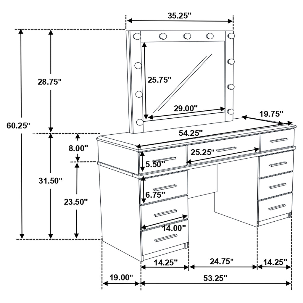 Felicity 9-drawer Vanity Table Lighted Mirror Glossy White
