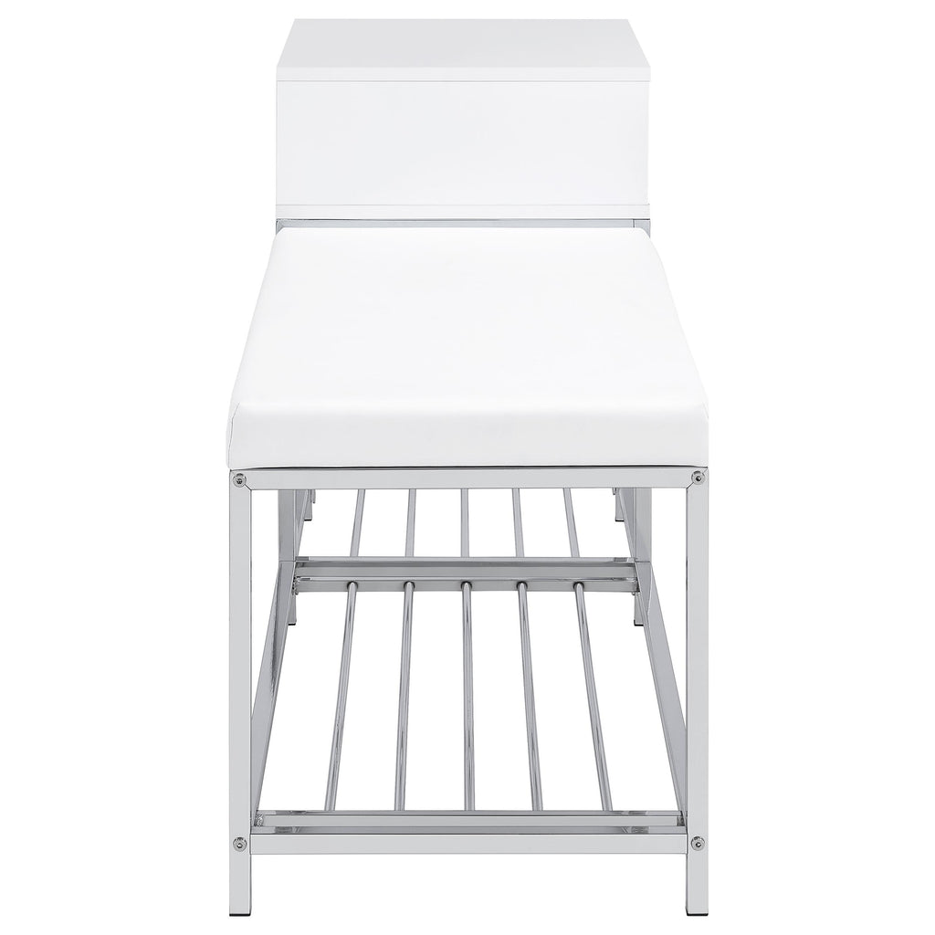Siega 1-Drawer Shoe Storage Entryway Bench White High Gloss and Chrome
