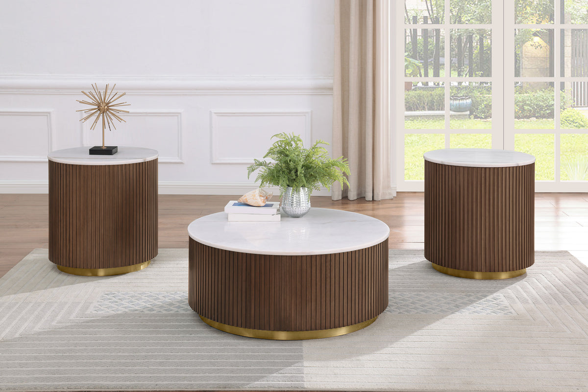 Jason Round White Marble Top Coffee Table Honey Brown