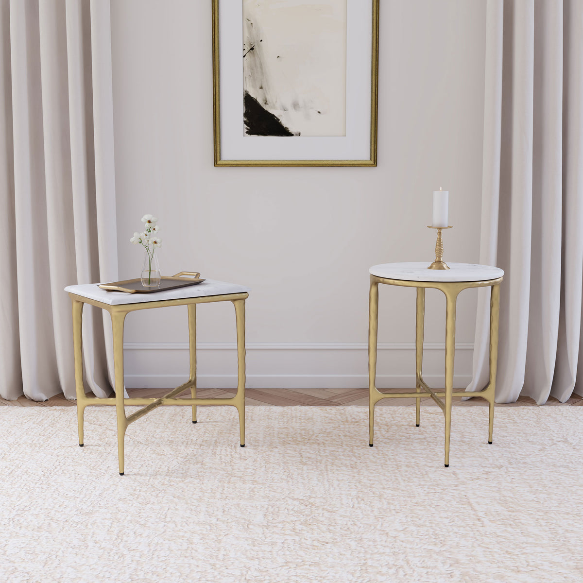 Baldwin Rectangular Marble Top Side Table White and Gold